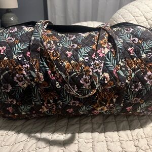 Quilted Floral & Tiger Print Weekender Duffel Bag - Black/Pink